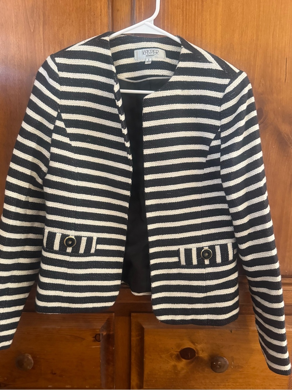 Kasper Black and White Striped Open-Front Blazer